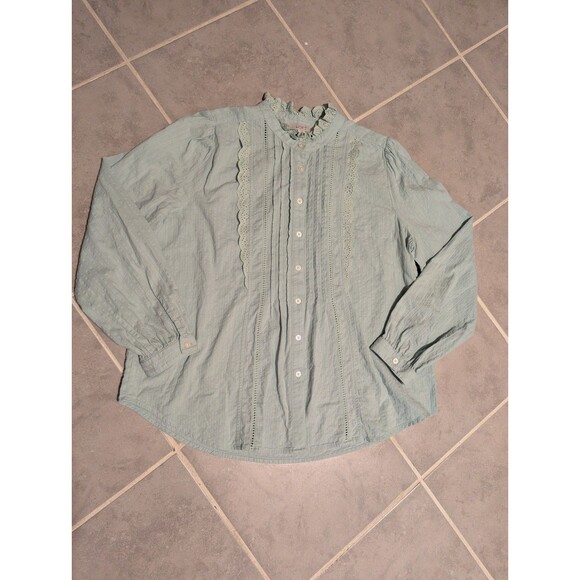 LOFT Women’s Sage Green BluCottagecore Lace Trim Pintuck Button Front Blouse L/p - Picture 3 of 12
